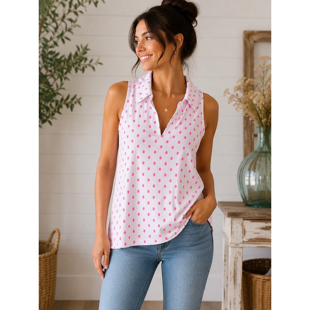 Lilly Pulitzer Lakelyn Bra Polo UPF 50+ Pink White Oval Dot Sleeveless Top L
